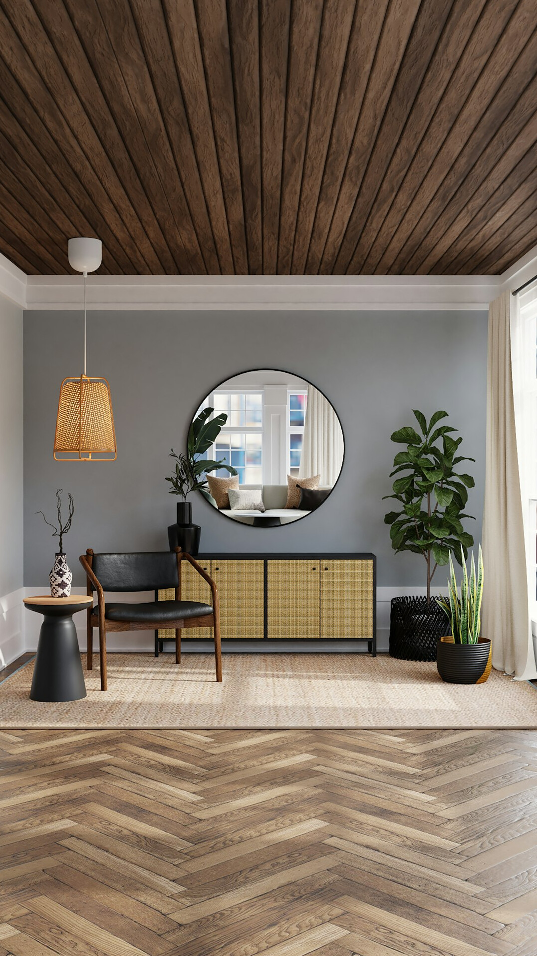 Living room with warm layered lighting and pendant lamp