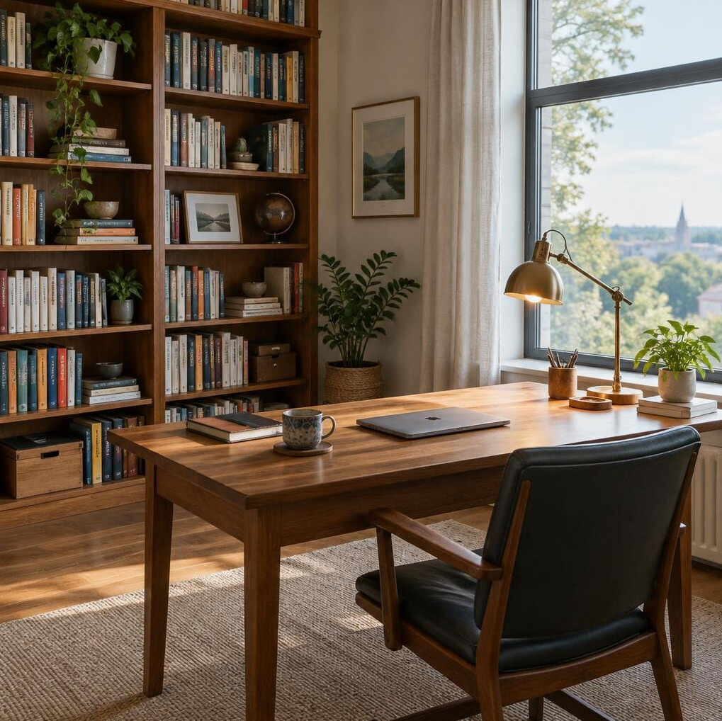 Home office with wooden desk, books and warm lamp